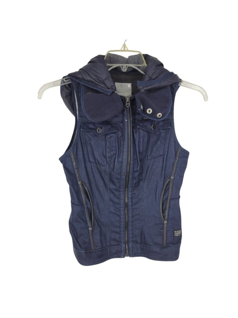 G-Star RAW Women S Wax Coated Denim Hooded Vest Utility Moto Biker Blue
